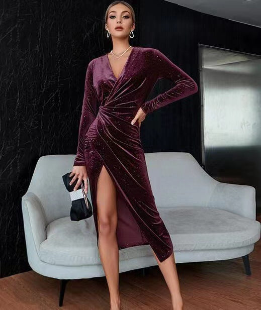 Women's Elegant V-neck Asymmetric Skirt Dress Long Sleeve Gold Velvet Evening Dresses For Christmas New Year Valentine's Day Dating